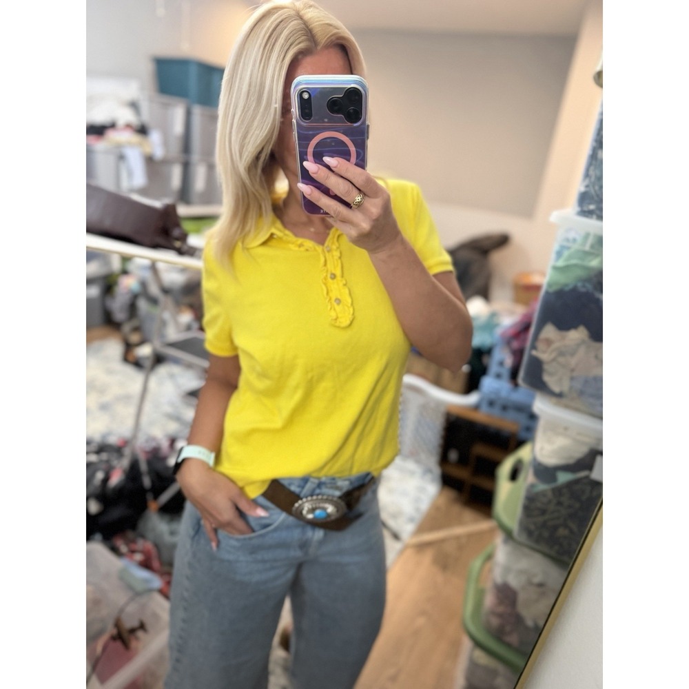 Lauren Ralph Lauren Bright Yellow Ruffle Trim Polo Shirt Top Women Size L Cotton